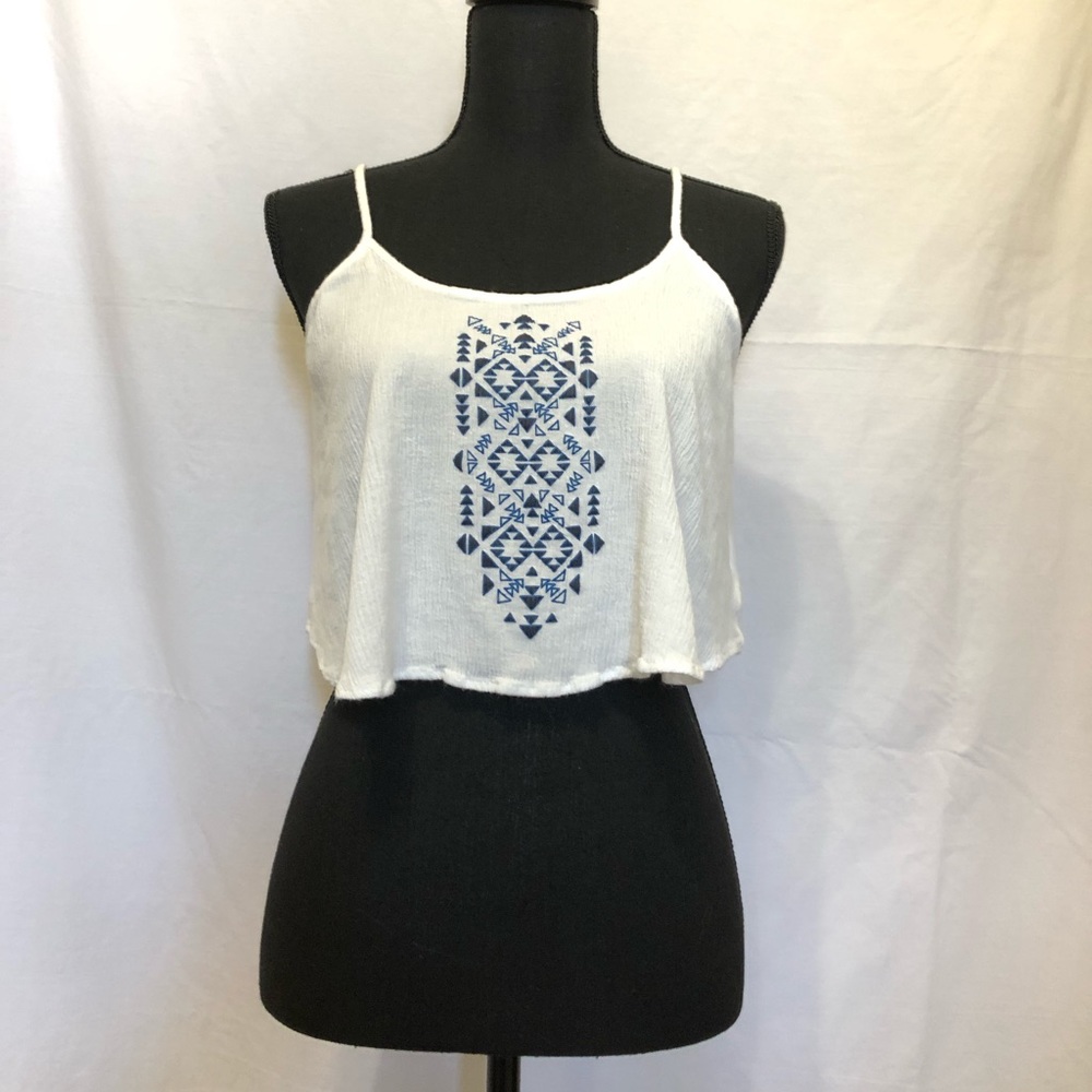 White Crop top with blue Aztec Print